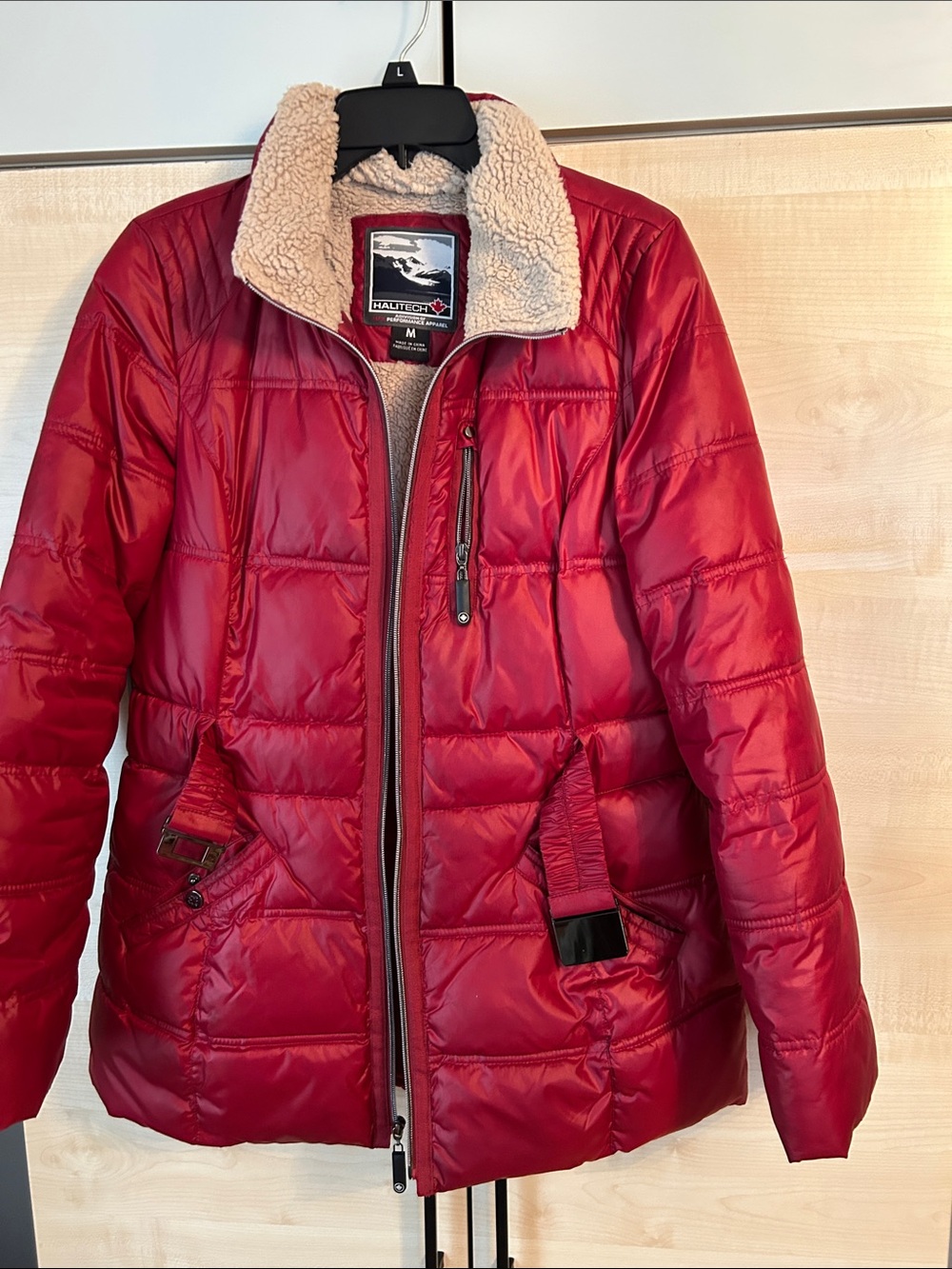 Women's Red Sherpa-Collar Puffer Jacket